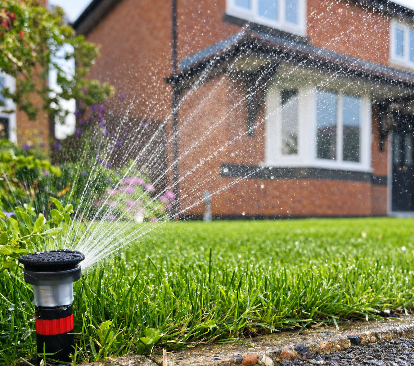 Pop-up sprinkler spraying water across a lush green lawn